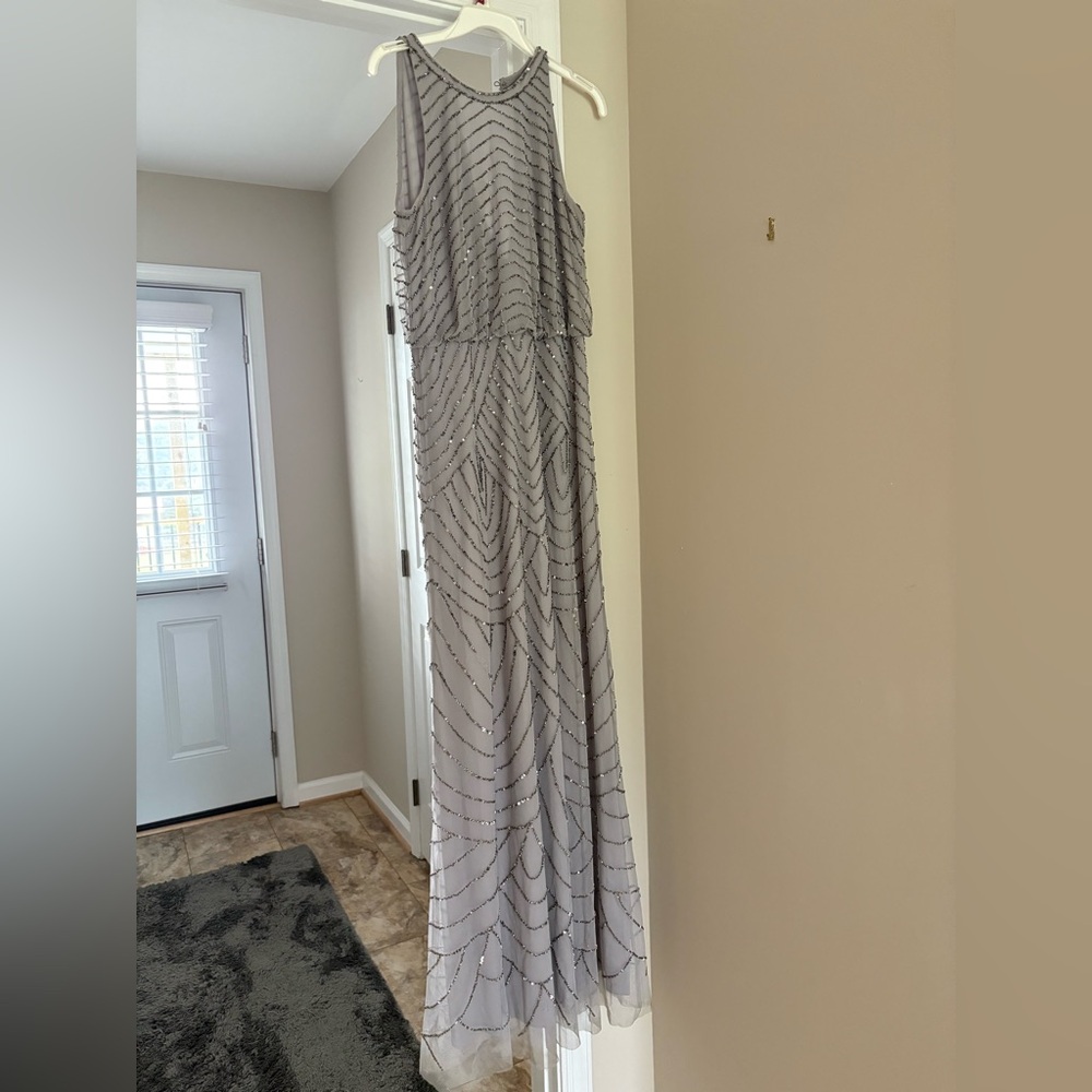Adrianna Papell Silver Beaded Maxi Dress